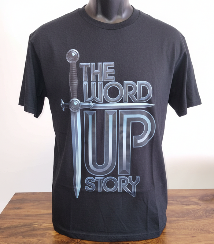 Word-Up-Story-Black-T-Shirt-with-Big-Logo-on-mannequin-Front
