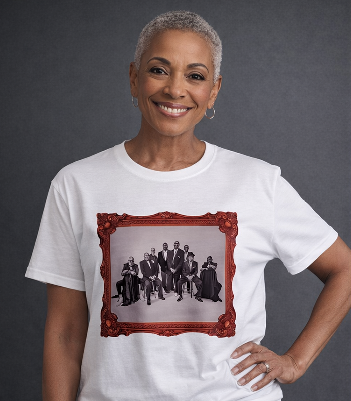 waox - White T- shirt with old school frame phot logos on back AAF early 60s light skinned - FRONT - cropped waox-White-T-shirt-with-old-school-frame-phot-logos-on-back-AAF-early-60s-light-skinned-FRONT